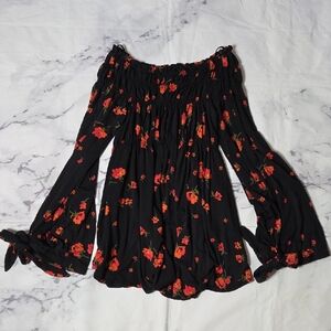 Free People Bonjour Tunic Black and Red Floral Off The Shoulder Blouse